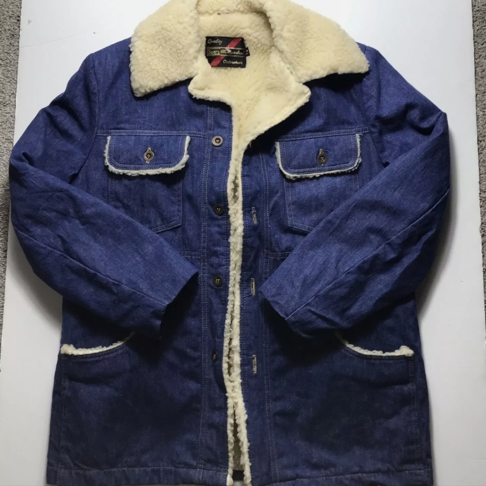 Vintage 70's Sears Men's Denim Jean Sherpa Jacket Coat Size 40 Medium Regular